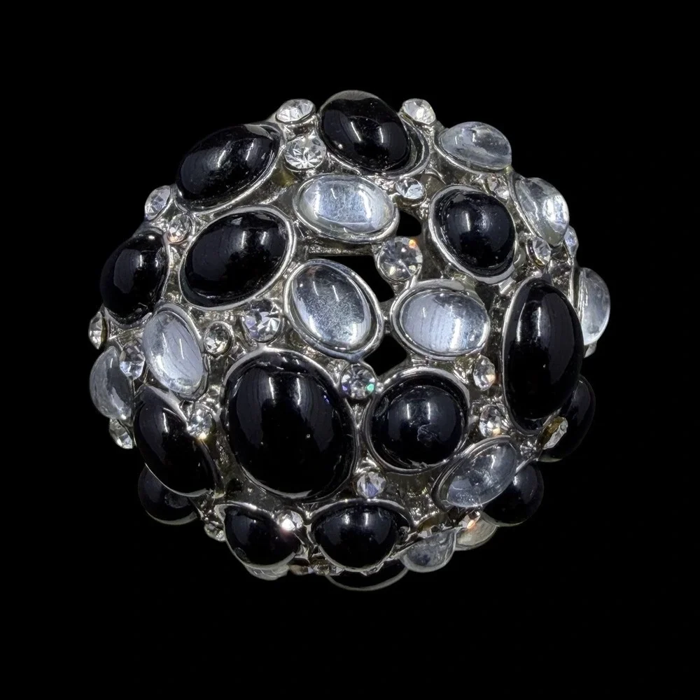 Chunky Black Rhinestone Stretch Ring Silver Tone Cocktail Statement Glam Size 10